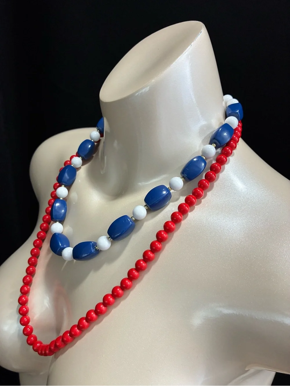 Patriotic Two-Strand Red, Blue & White Beaded VTG Retro Necklace’s Memorial Day